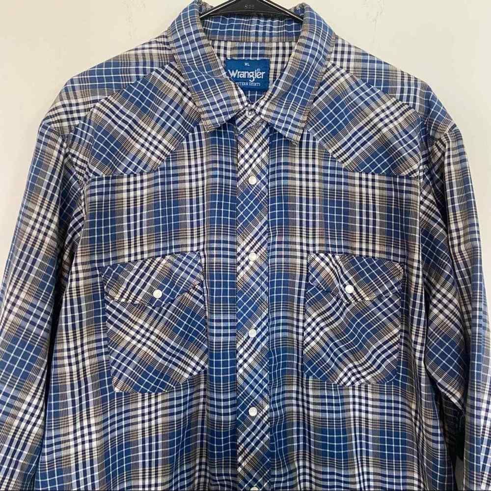 Wrangler Western Shirt Mens Pearl Snaps‎ Blue Plaid Cotton Long Sleeve Size XL